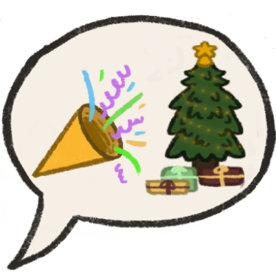 speech bubble with a cartoon confetti bomb and christmas tree in it